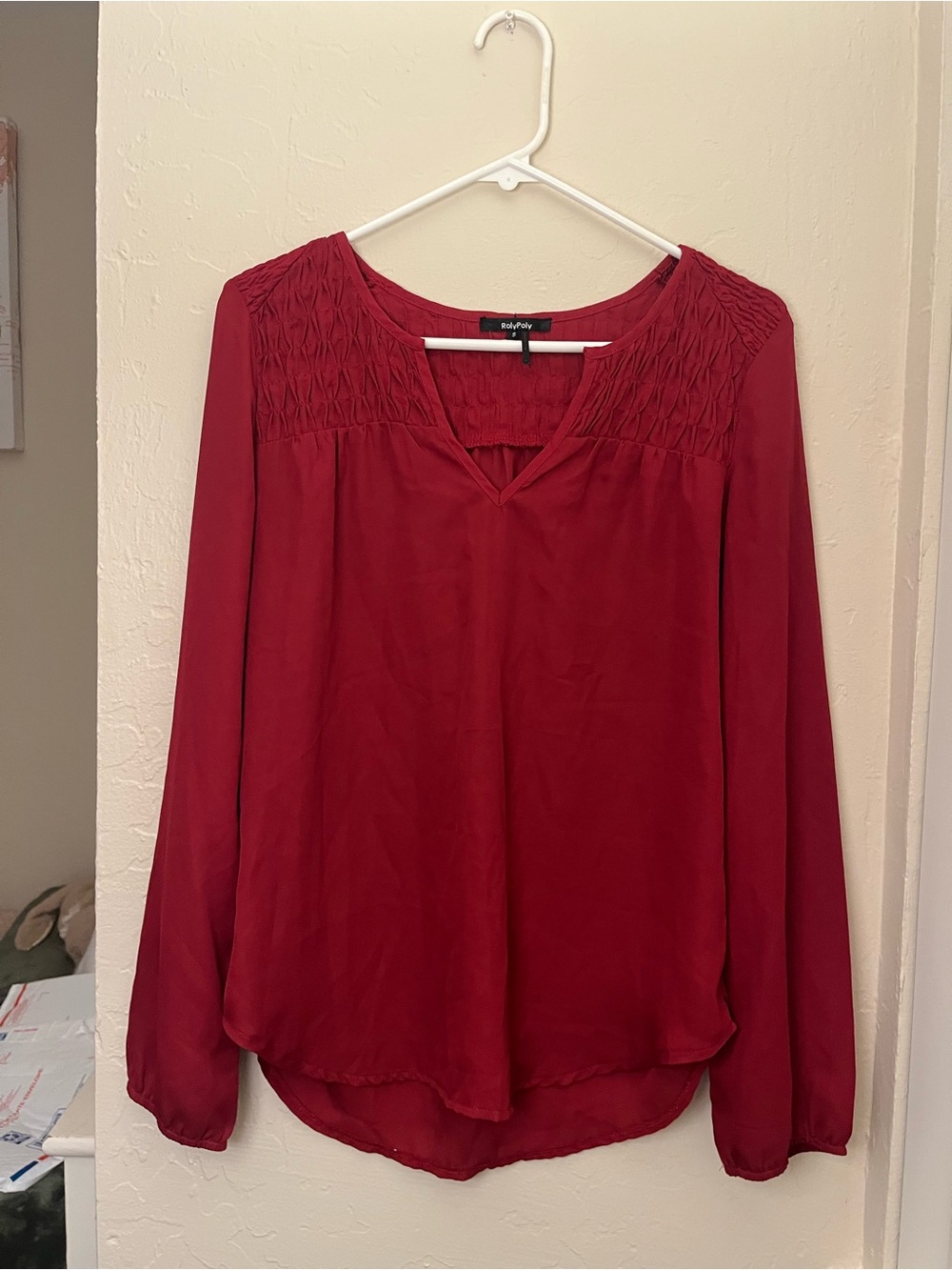 Roly Poly Women's Burgundy/Red Smocked Yoke Long Sleeve Blouse